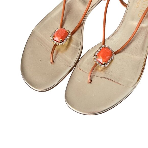 VTG Valentino Gold Thong Flat Sandals Sz.10 Coral Rhinestones Boho Designer - Picture 15 of 16